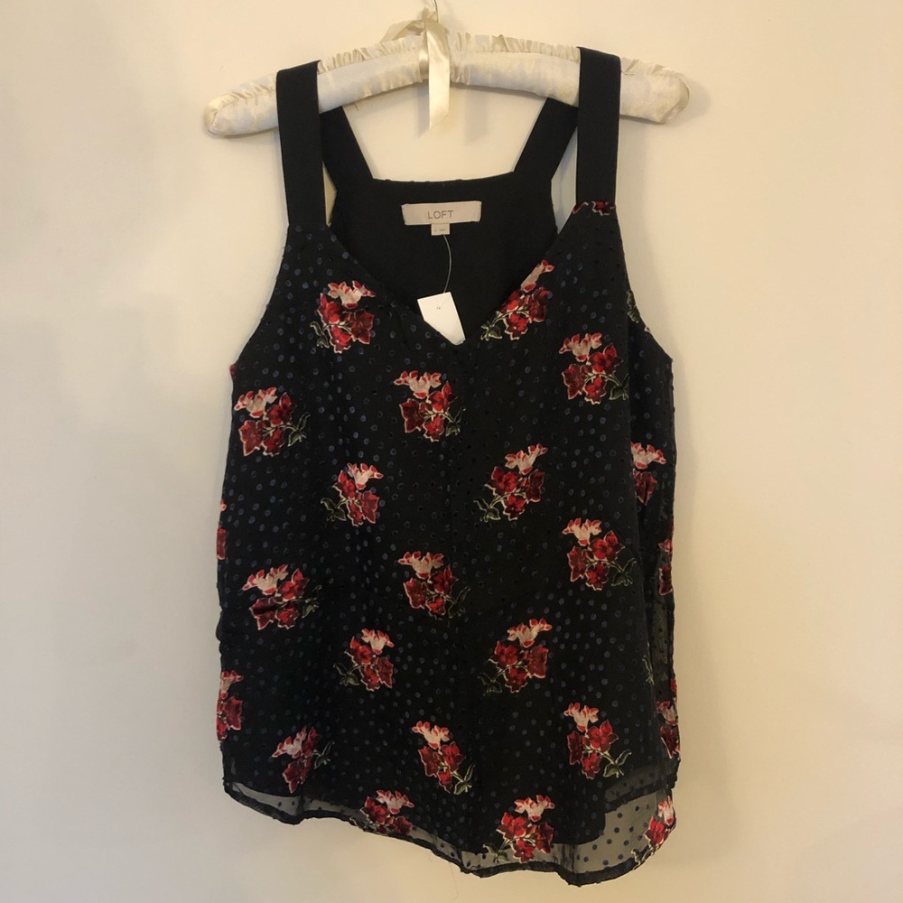 Ann Taylor LOFT Black Floral Velvet Dot Tank Top/Cami